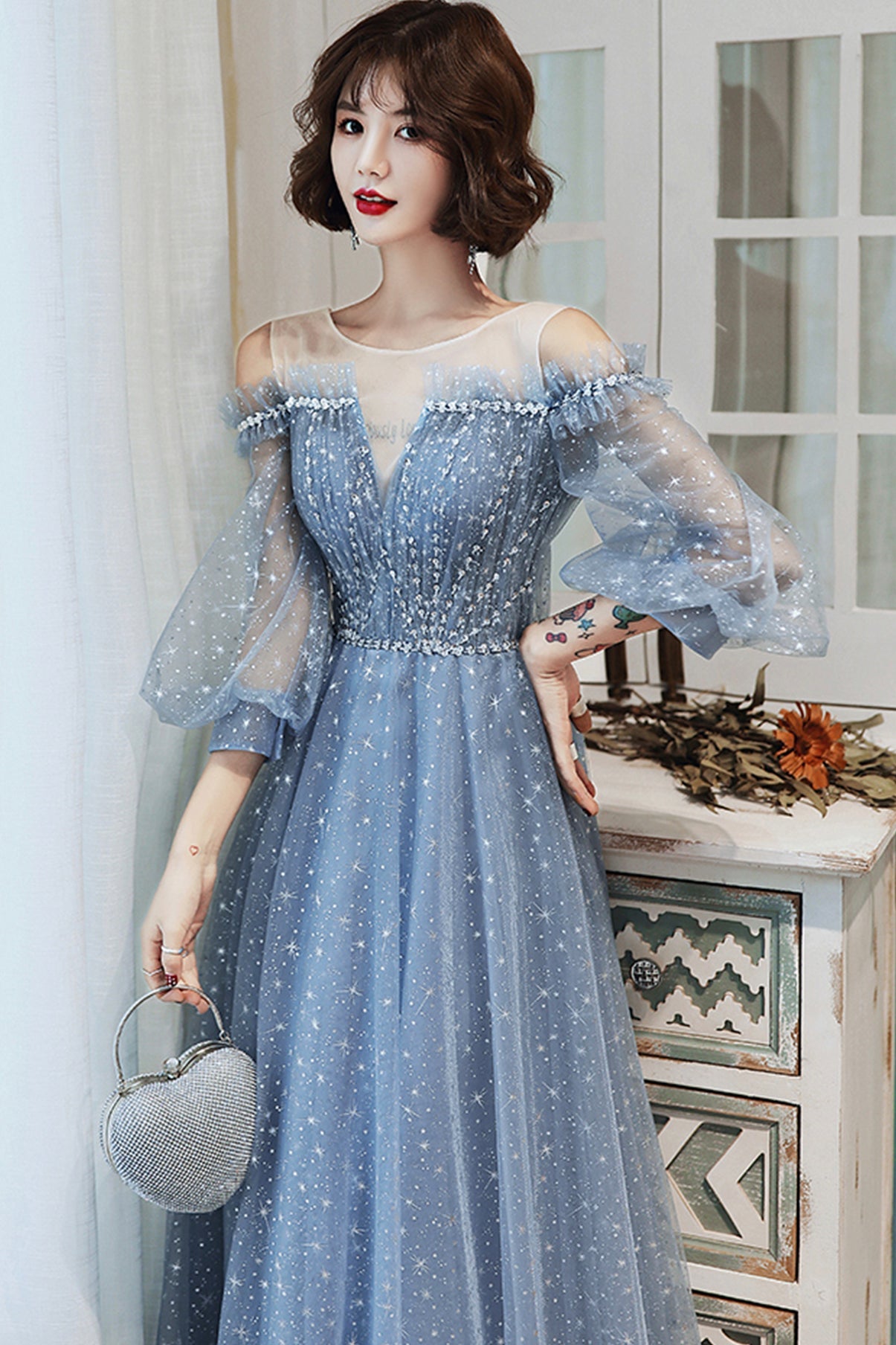 Blue tulle long A line prom dress blue evening dress 8759
