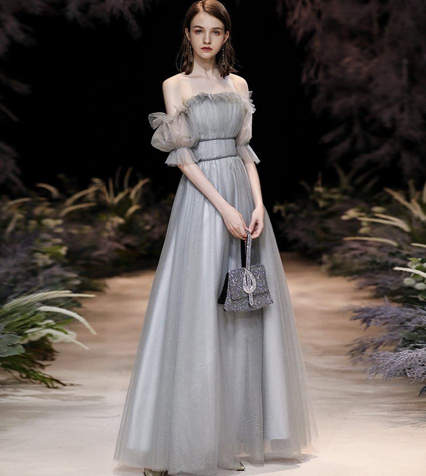Grey tulle long prom dress grey evening dress 8557