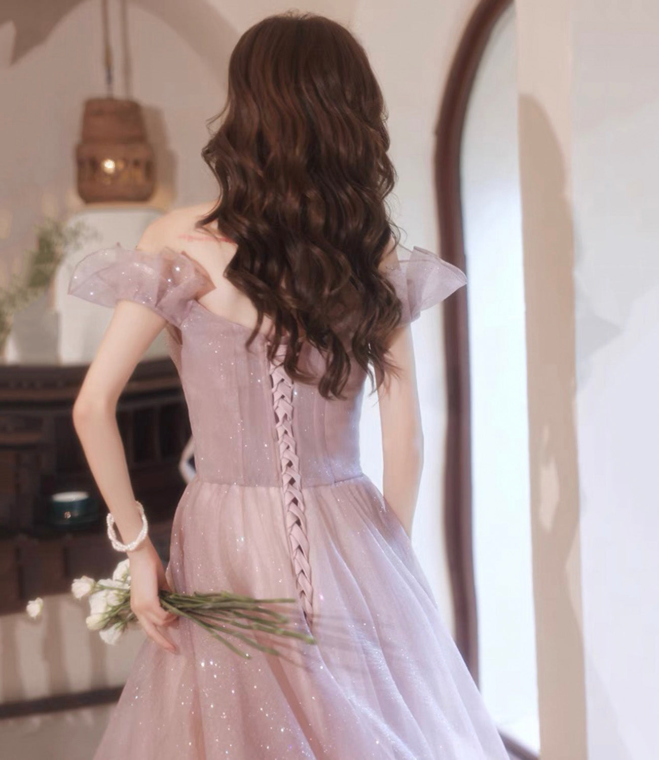 Pink tulle sequins long prom dress pink evening dress 10452