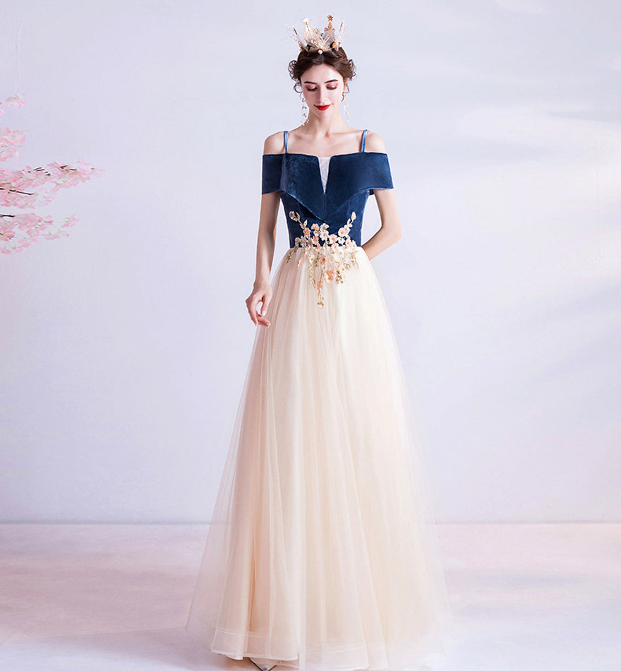 Blue velvet tulle long prom dress evening dress 8447