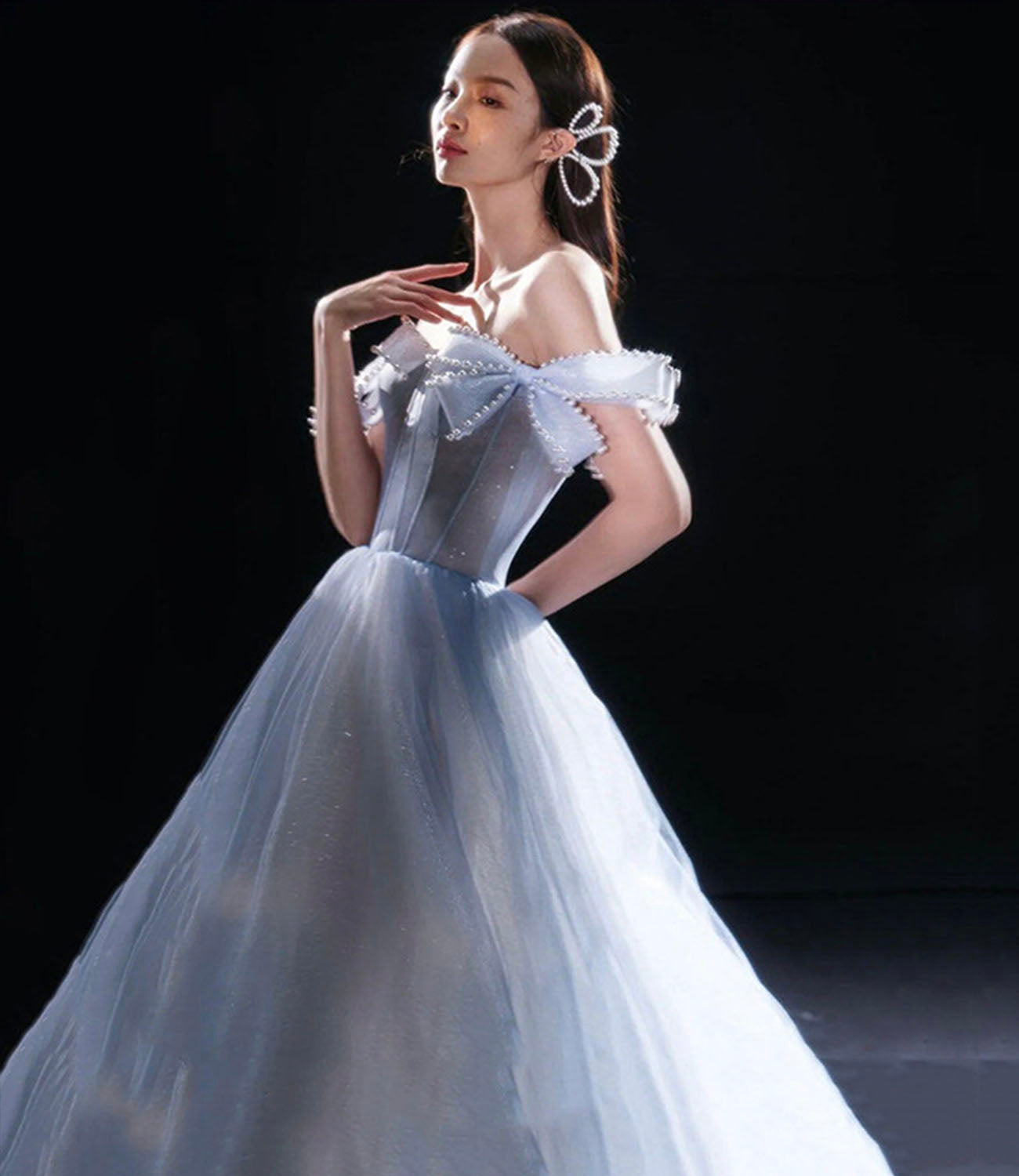 Blue tulle long A line prom dress blue evening dress 10291