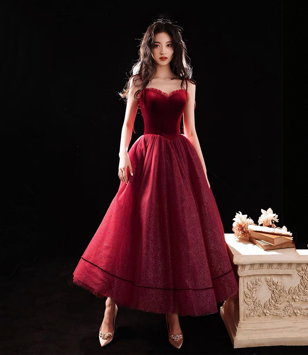 Burgundy tulle short A line prom dress party dress 8788