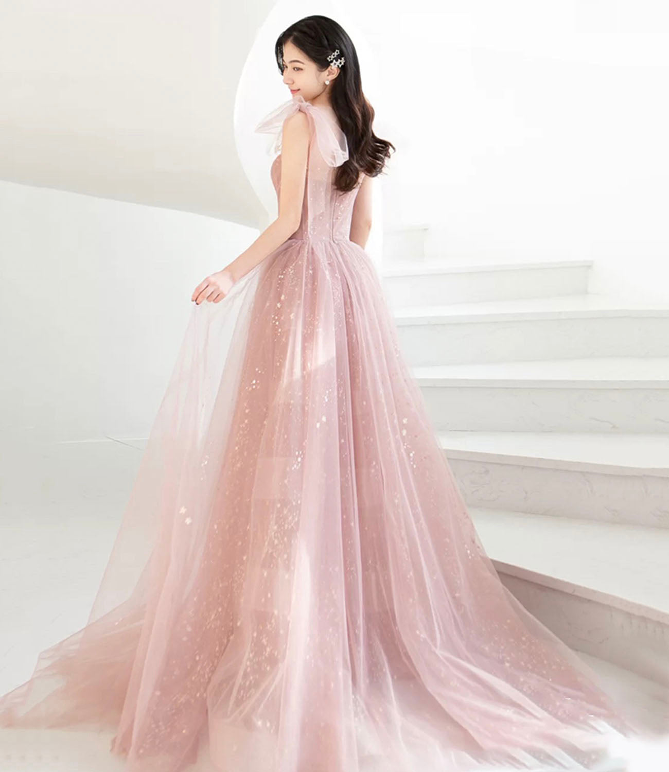 Pink tulle long prom dress A line evening dress 10421