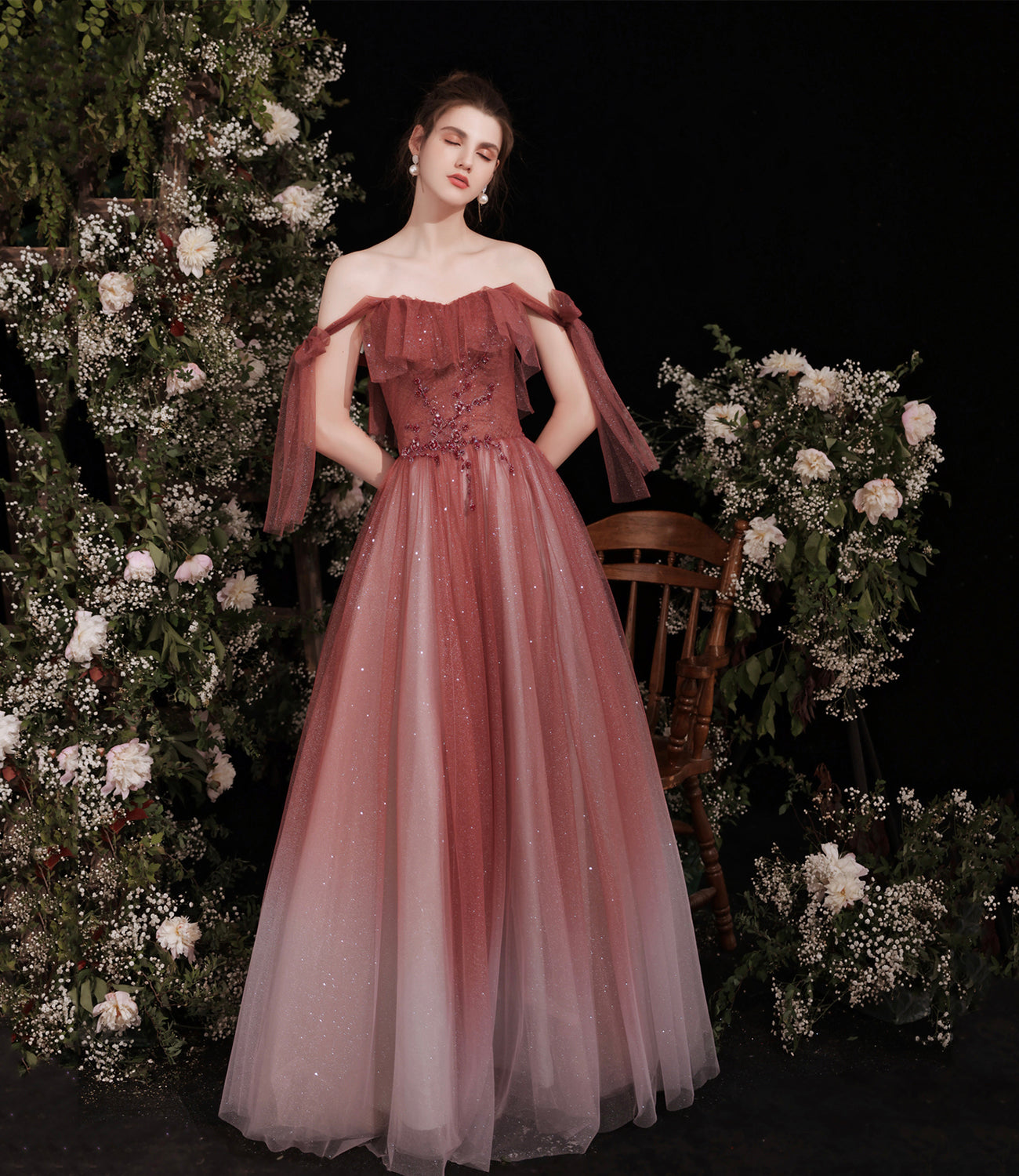 Burgundy tulle long A line prom dress evening dress 8798