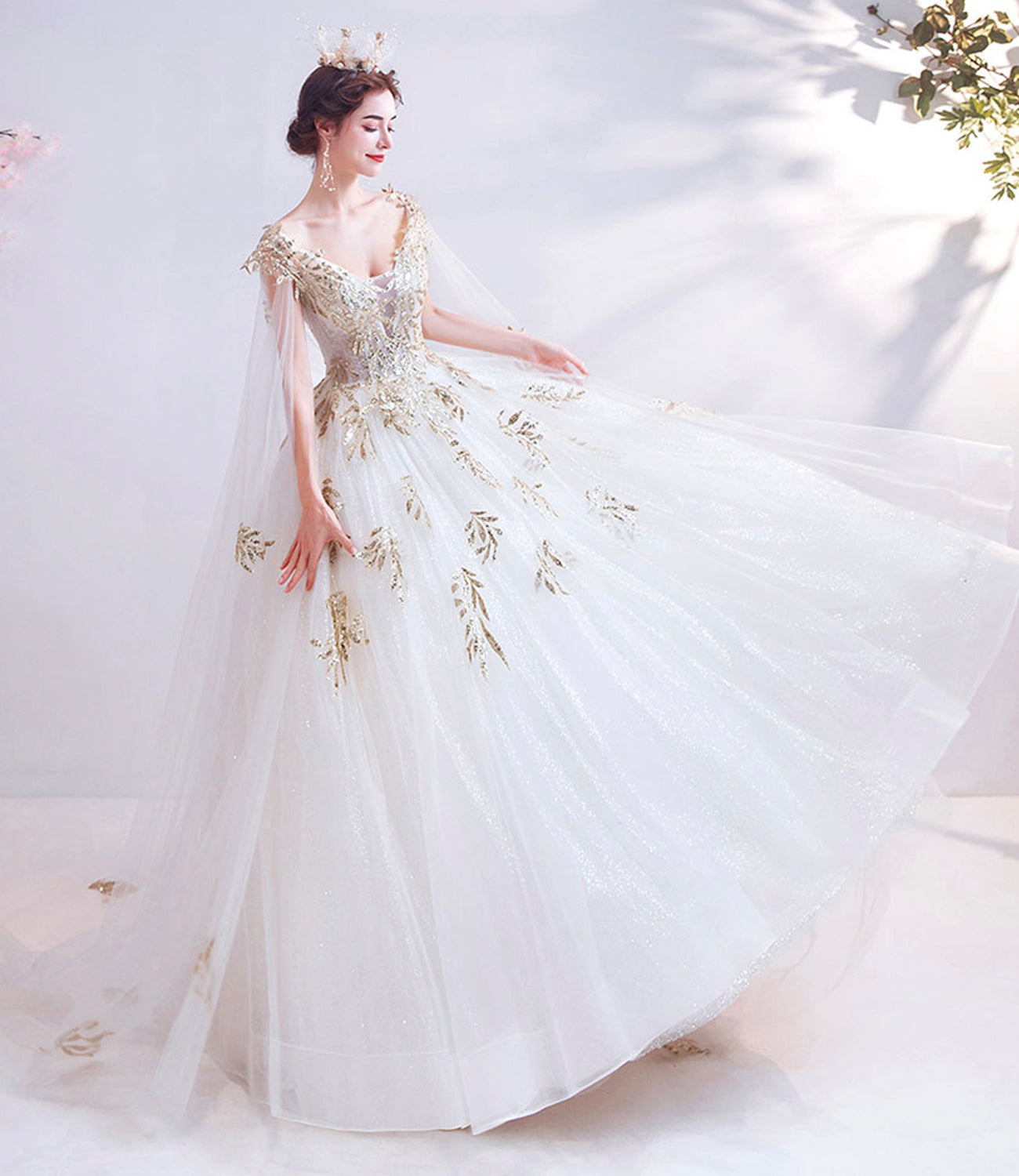 White tulle sequins long prom dress white evening dress 10537