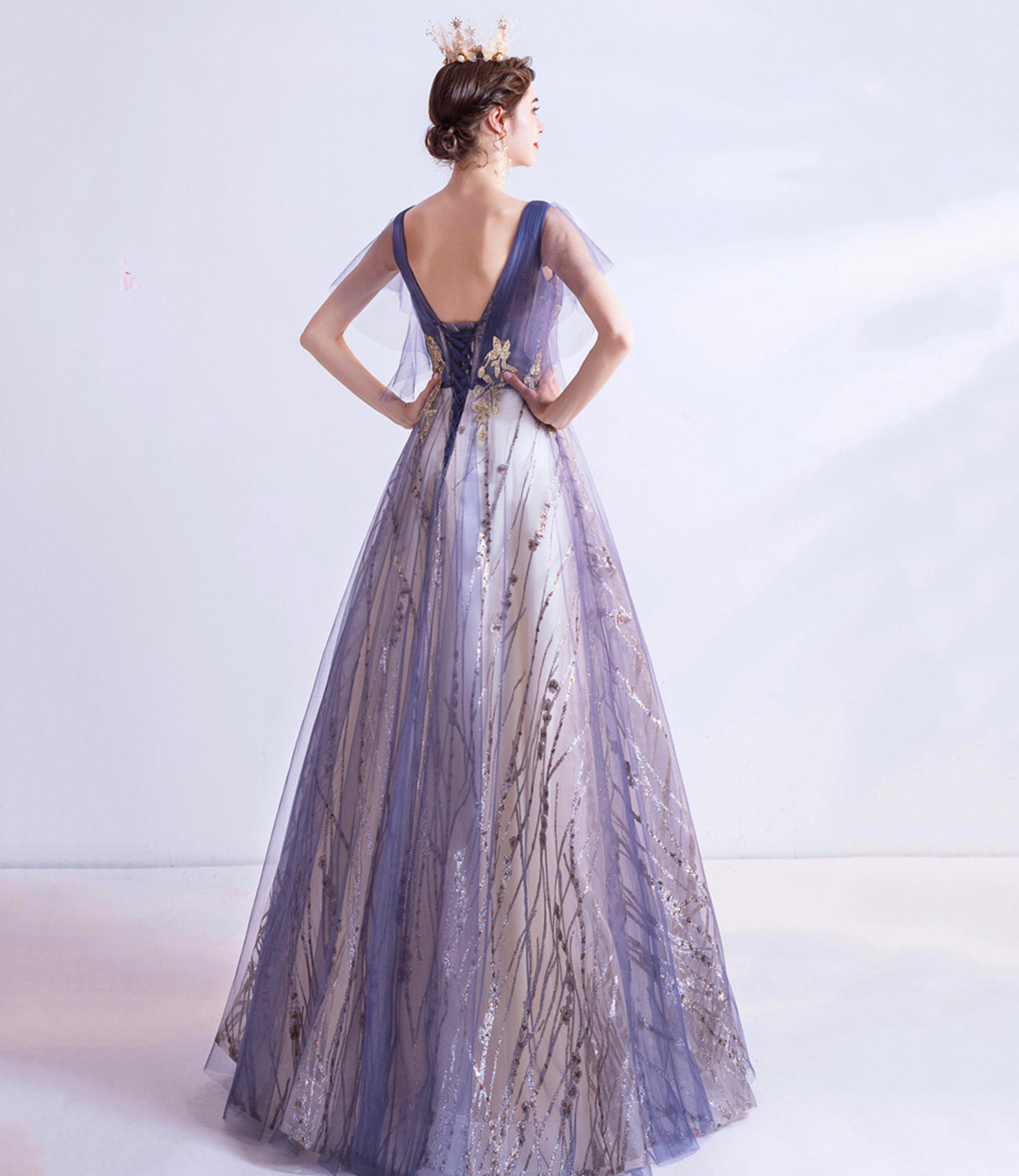 Purple tulle sequins long prom dress A line evening dress 10510