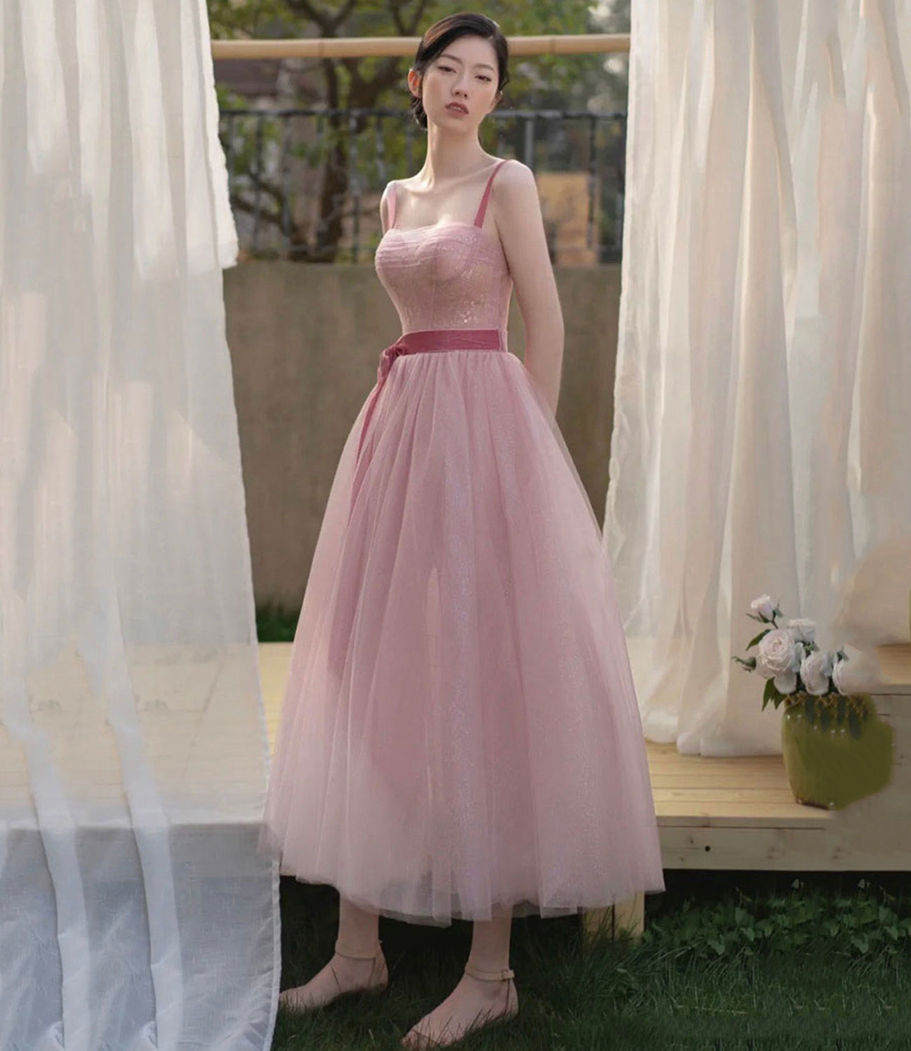 Pink tulle short A line prom dress evening dress 8857