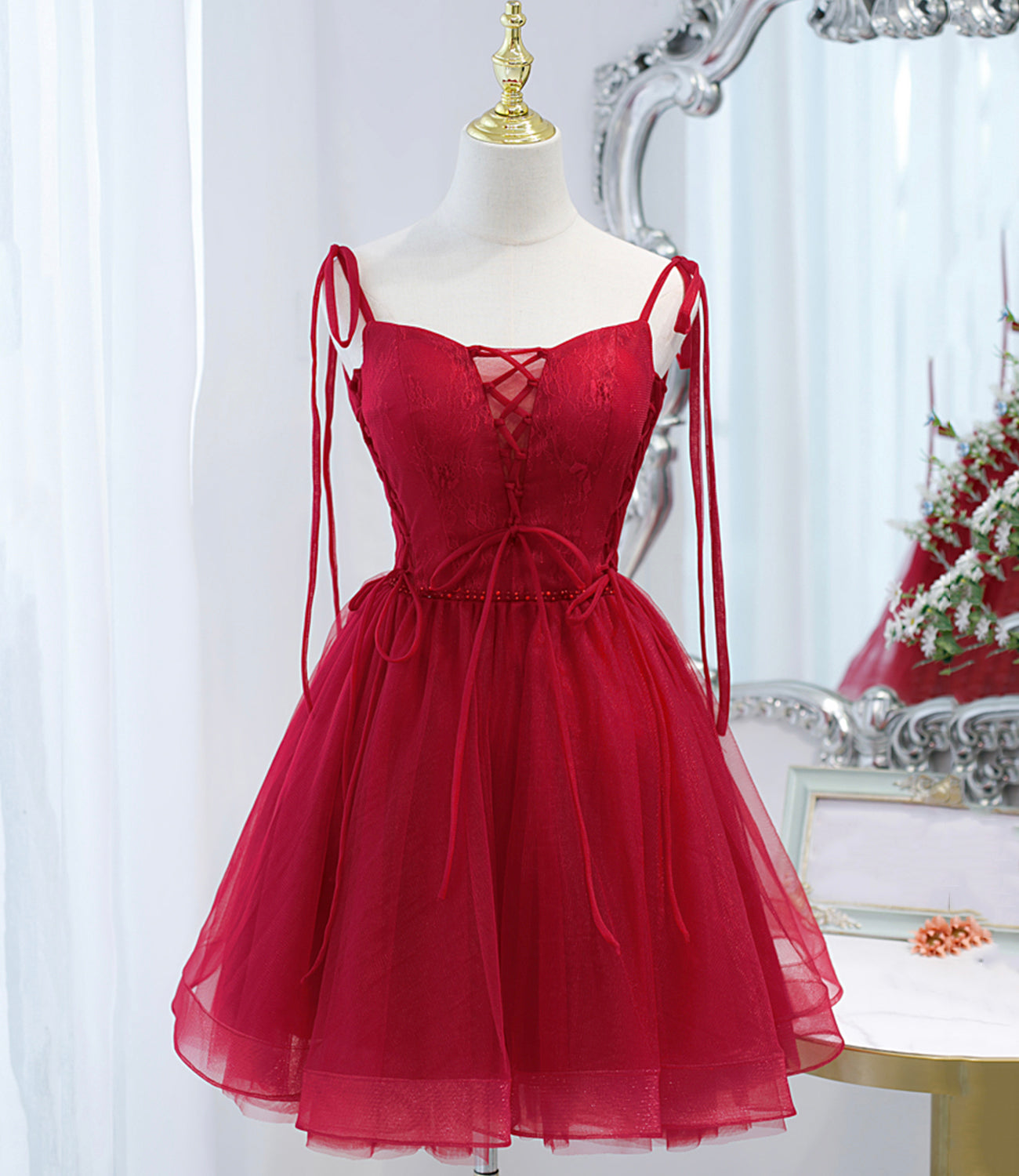 Burgundy tulle lace-up short prom dress party dress 10097