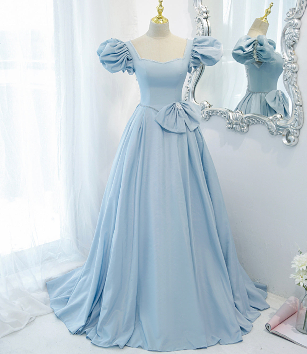 Blue saitn long A line prom dress blue evening dress 8840