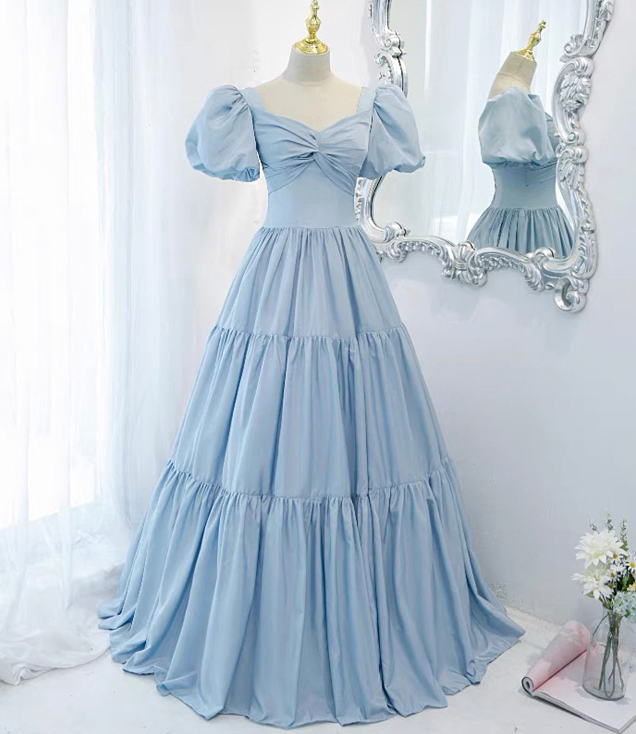 Blue satin long A line prom dress blue evening dress 8837