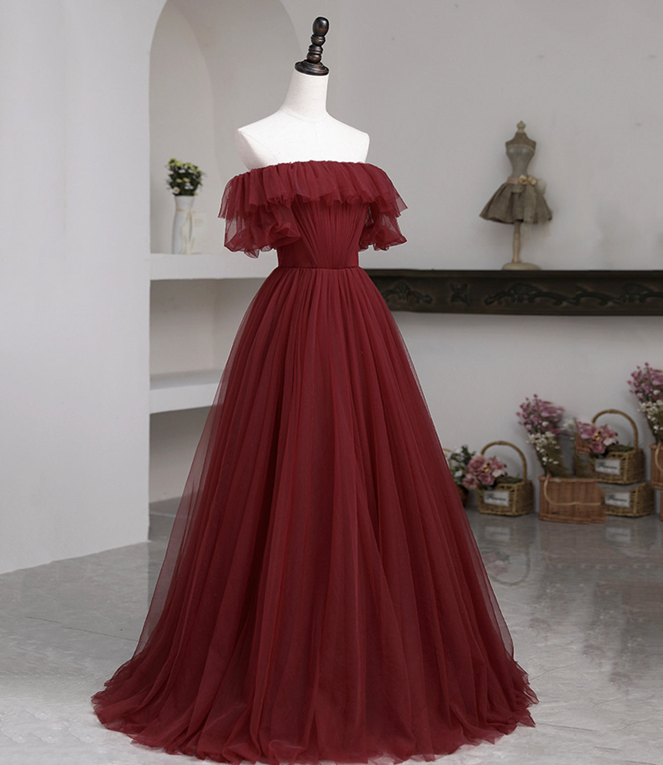 Burgundy tulle long prom dress A line evening dress 10503