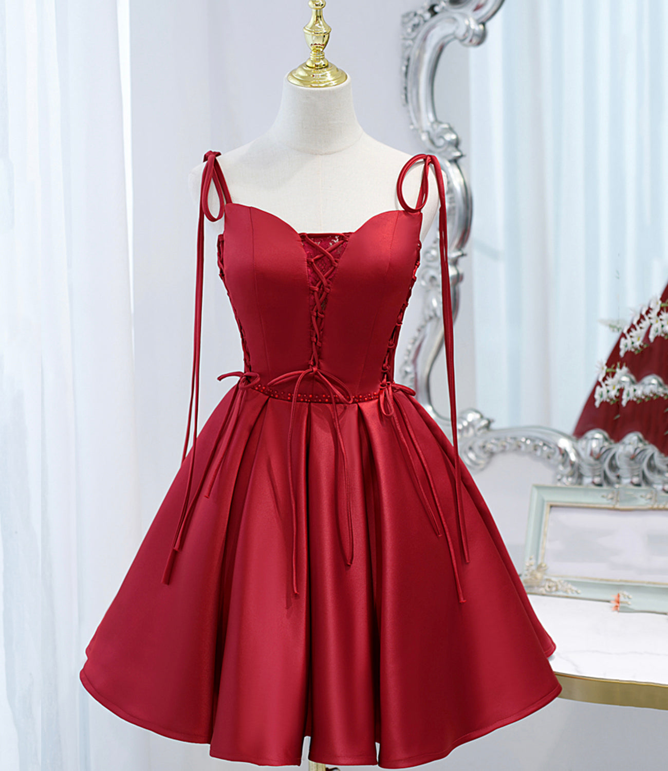 Burgundy satin lace-up short prom dress party dress 10098