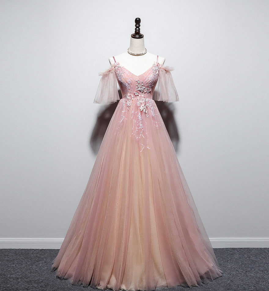 Pink v neck tulle long prom dress evening dress 8455
