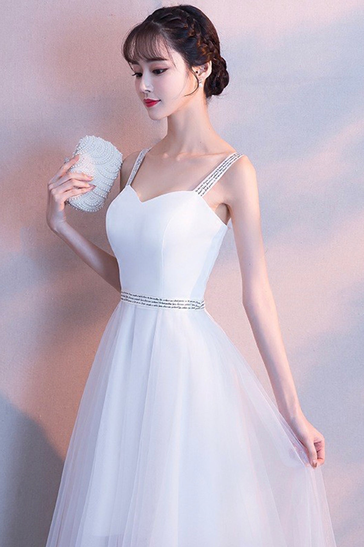 White tulle long A line prom dress white evening dress 8669