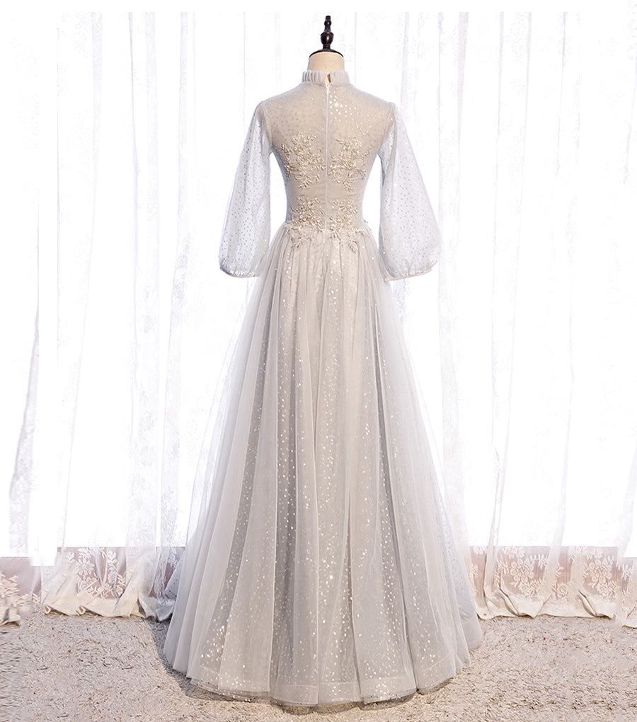 Gray tulle sequins long prom dress evening dress 8542