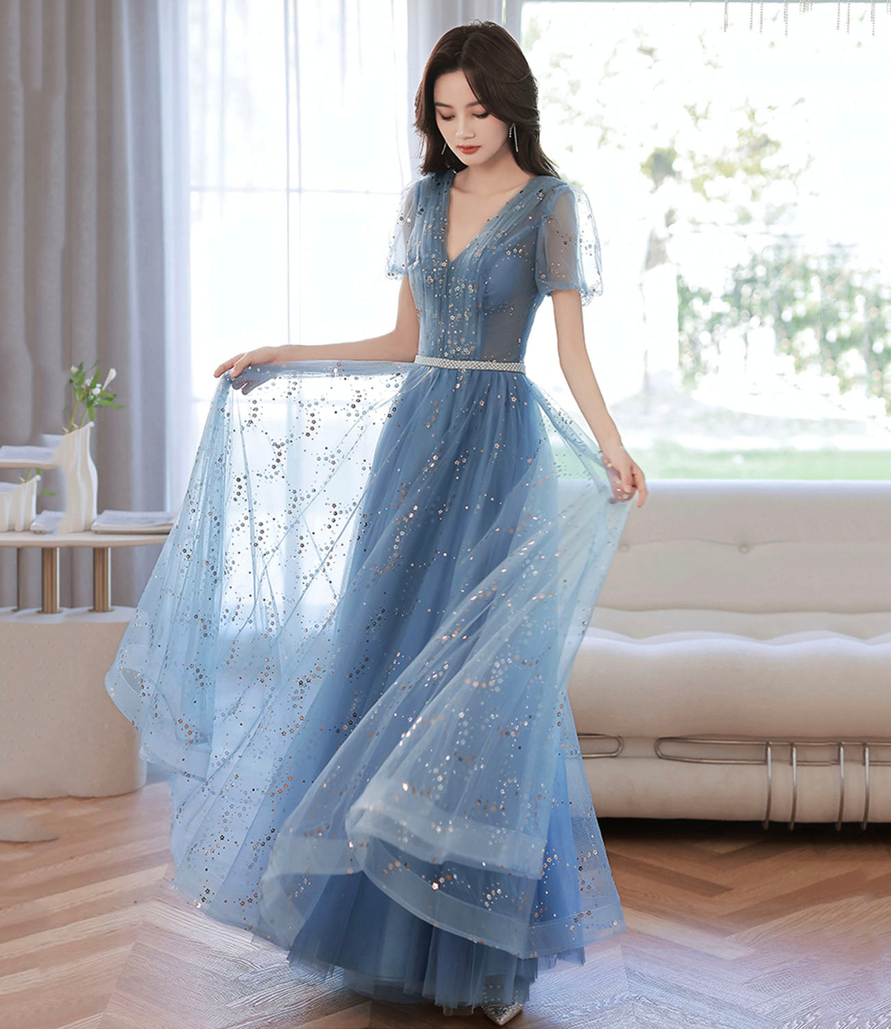 Blue tulle sequins long prom dress blue evening dress 10607