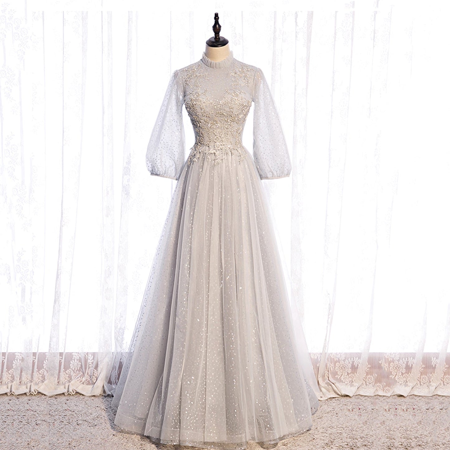 Gray lace sequins long prom gown evening dress 8964