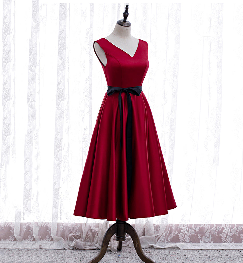 Burgundy v neck satin prom dress homecoming dress 8394