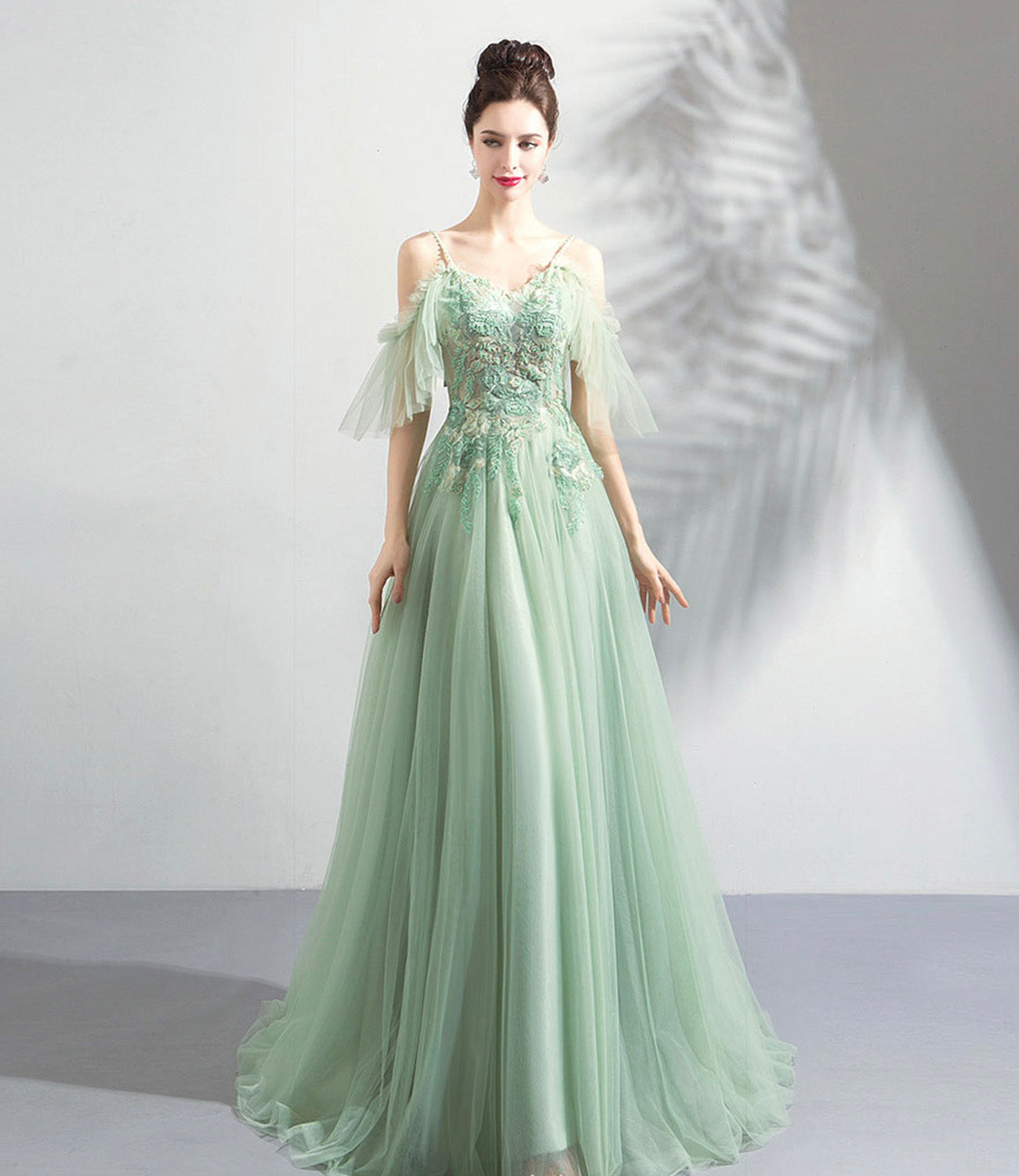 Green tulle lace long prom dress A line evening dress 10575