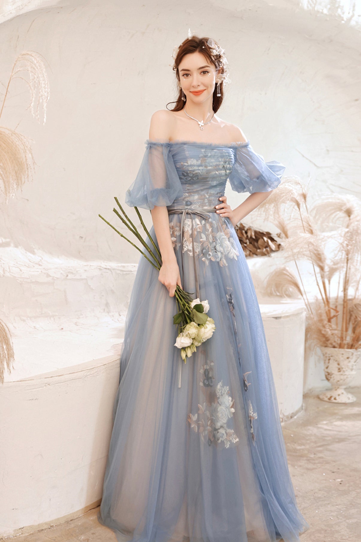 Blue lace long A line prom dress blue evening dress 8751
