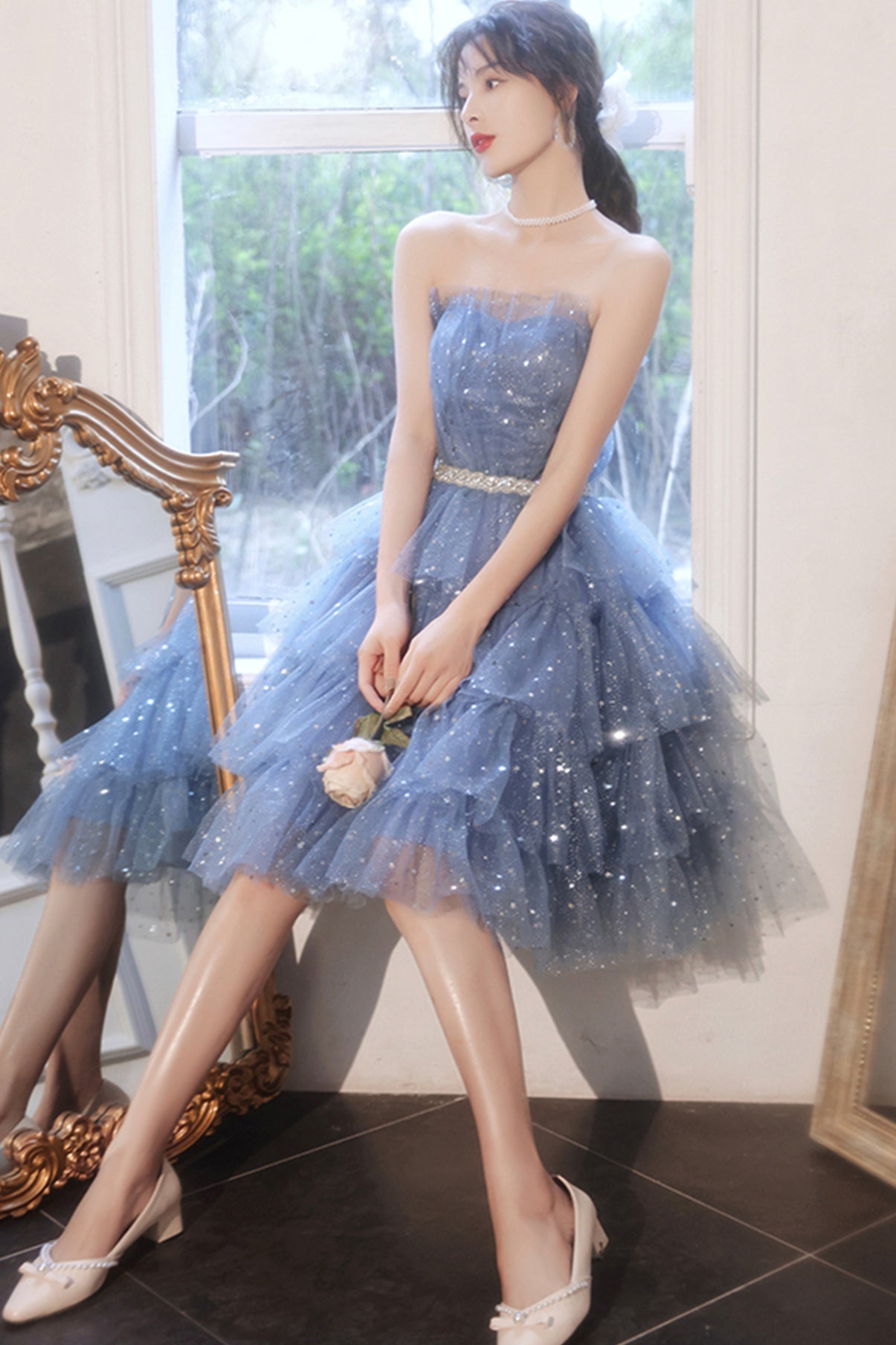 Blue tulle sequins short prom dress party dress 8676