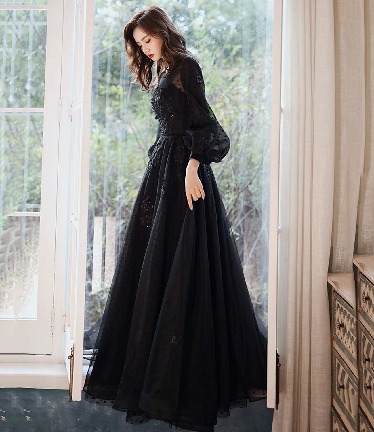 Black tulle lace long prom dress A line evening dress 10460