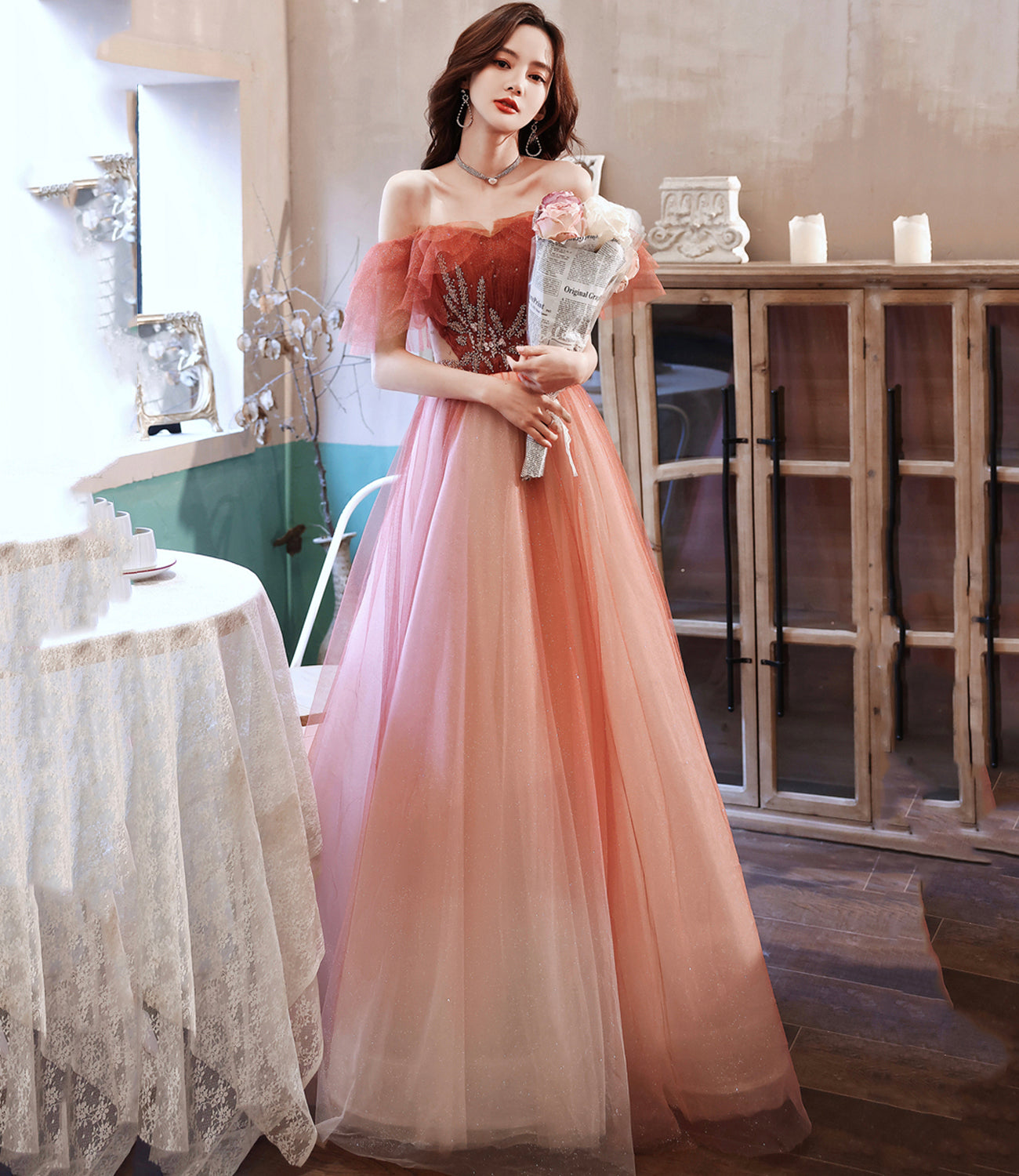 Burgundy tulle long A line prom dress evening dress 8920