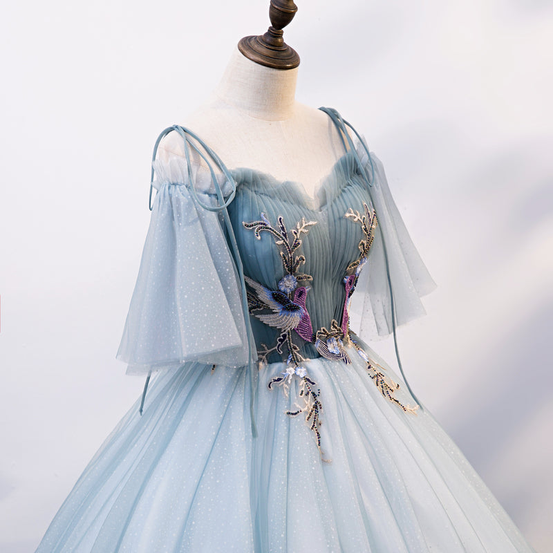 Blue sweetheart neck tulle long prom gown evening dress 8215