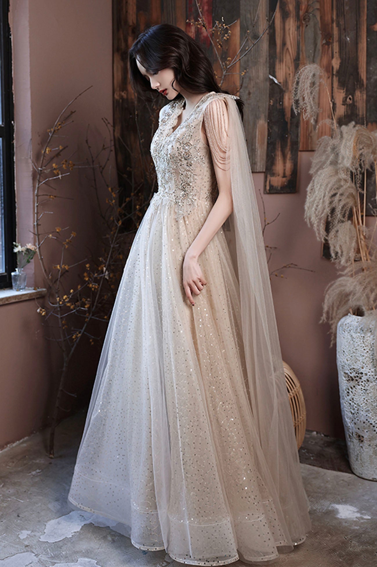 Champagne tulle sequins long prom dress evening dress 10605