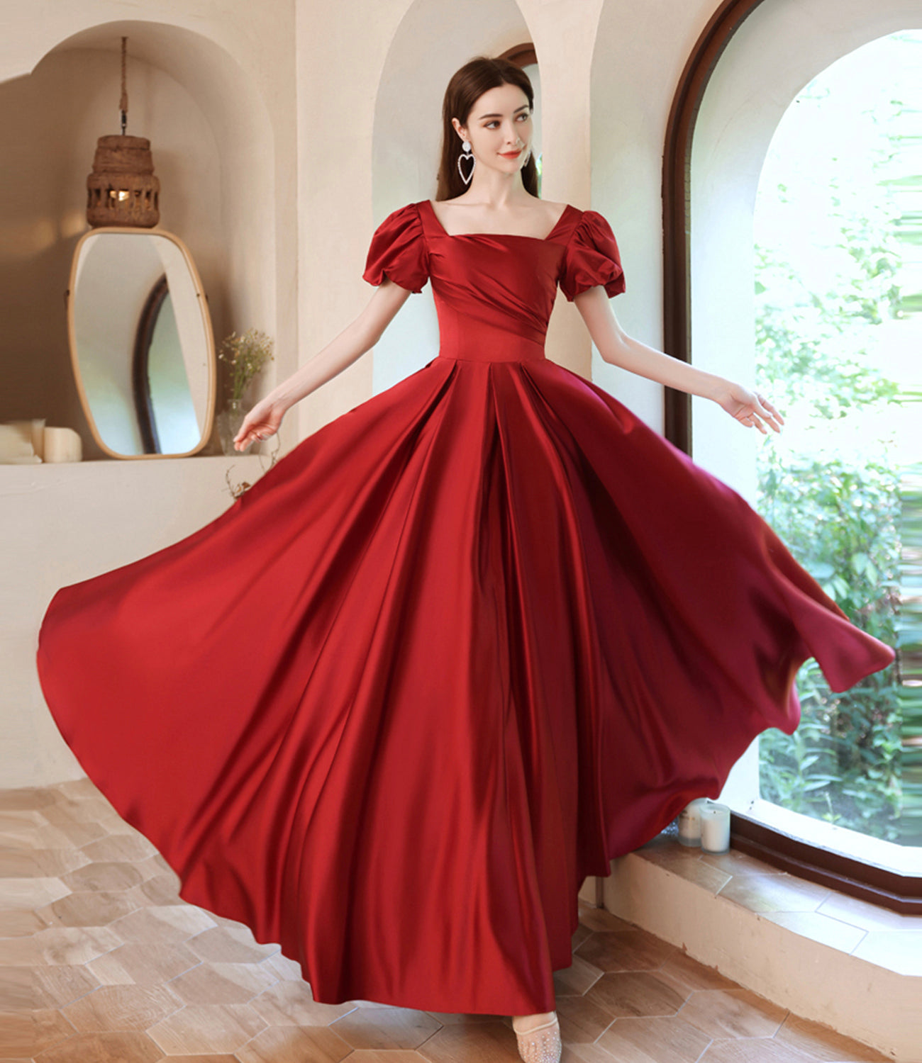 Burgundy satin long A line prom dress evening dress 8829