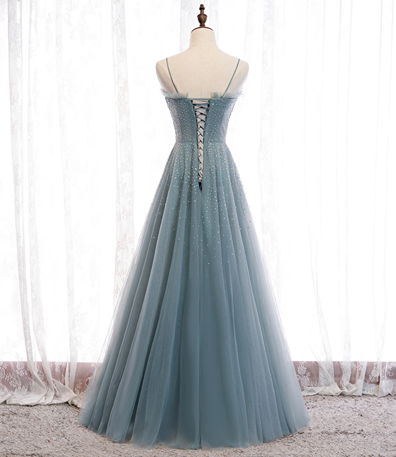 Blue tulle beads long prom dress A line evening dress 10501