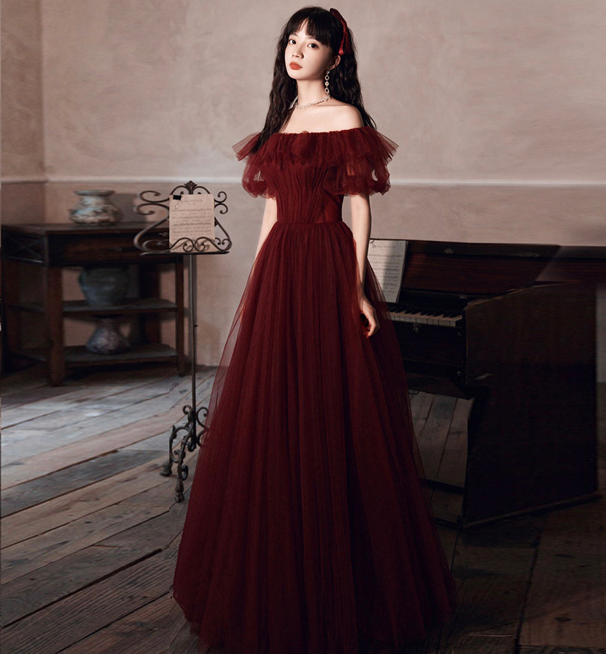 Burgundy tulle long prom gown formal dress 8435