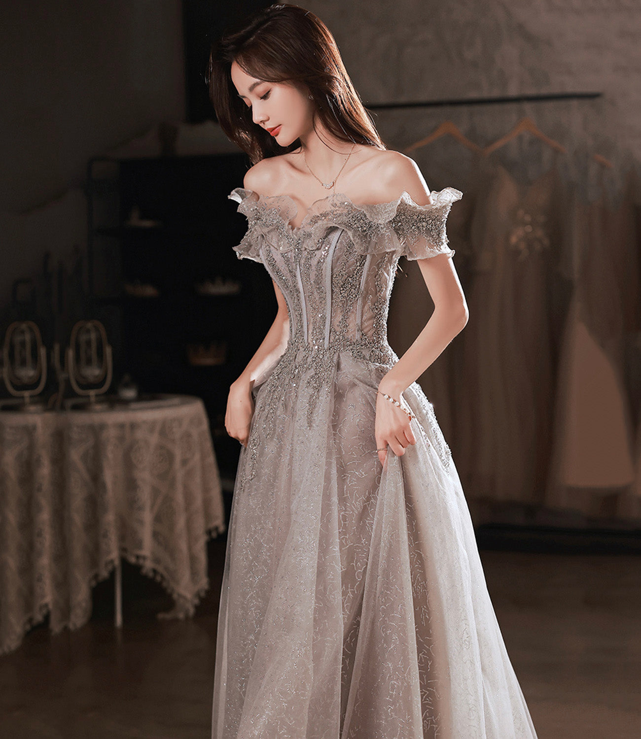 Gray tulle sequins long prom dress gray evening dress 10451