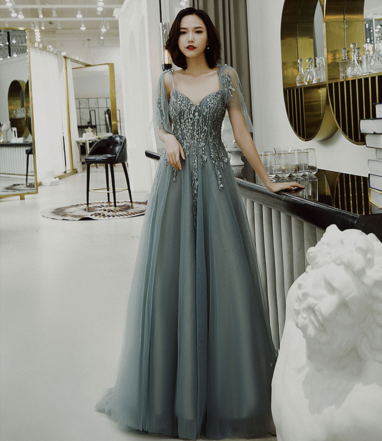 Cute tulle lace long prom dress A line evening dress 10422