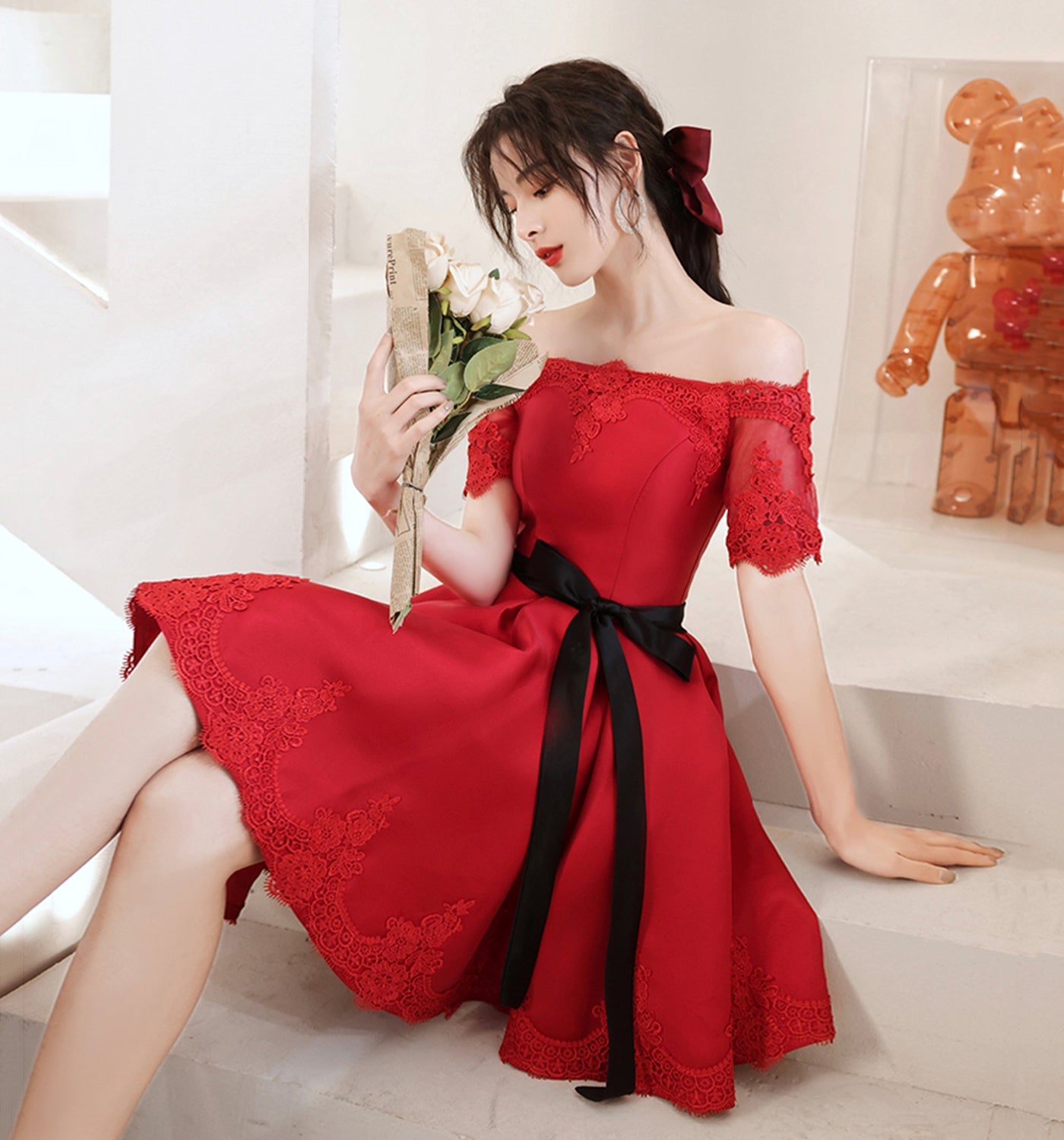 Red satin lace short prom dress red homecoming dress 8960