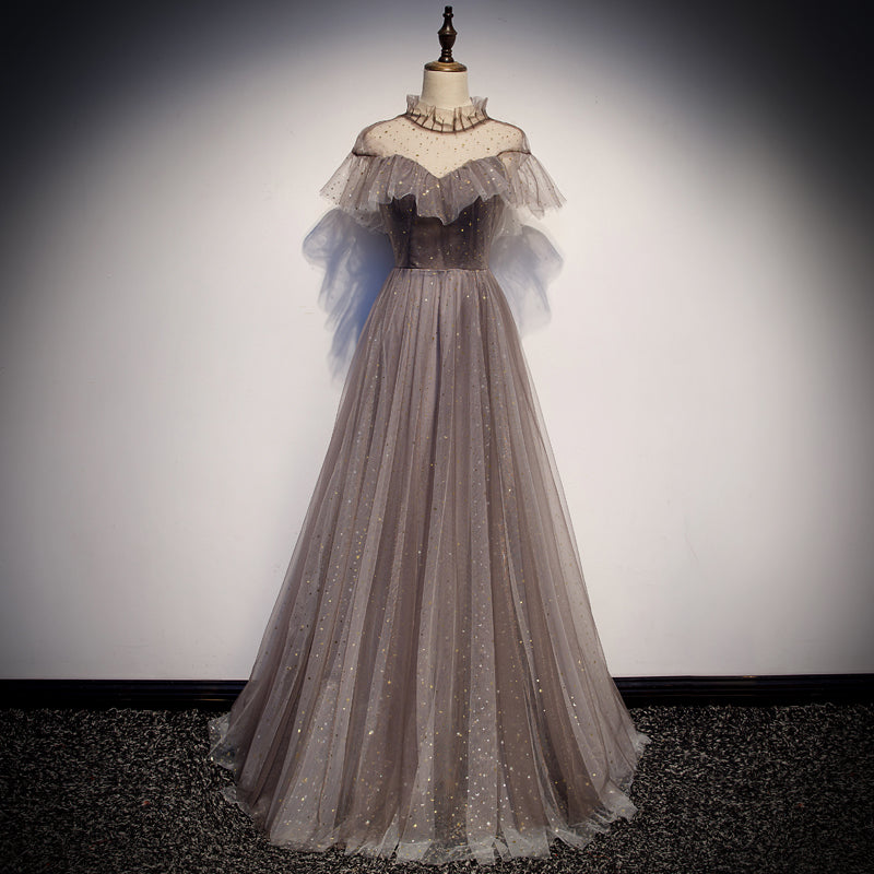 Elegant tulle round neck long prom dress, evening dress 8110