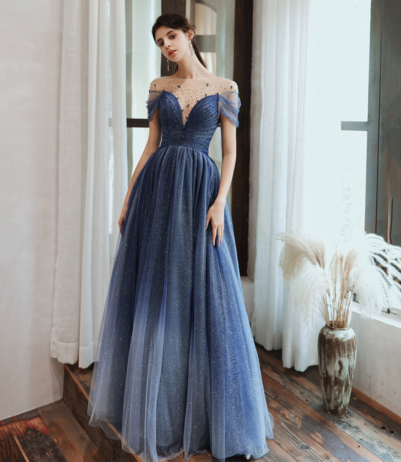 Blue tulle sequins long prom dress blue evening dress 10477