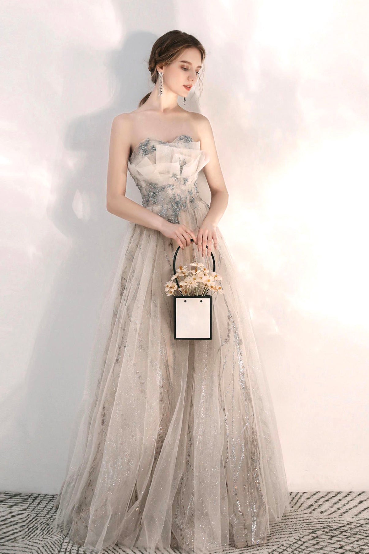 Champagne tulle sequins long A line prom dress 8574