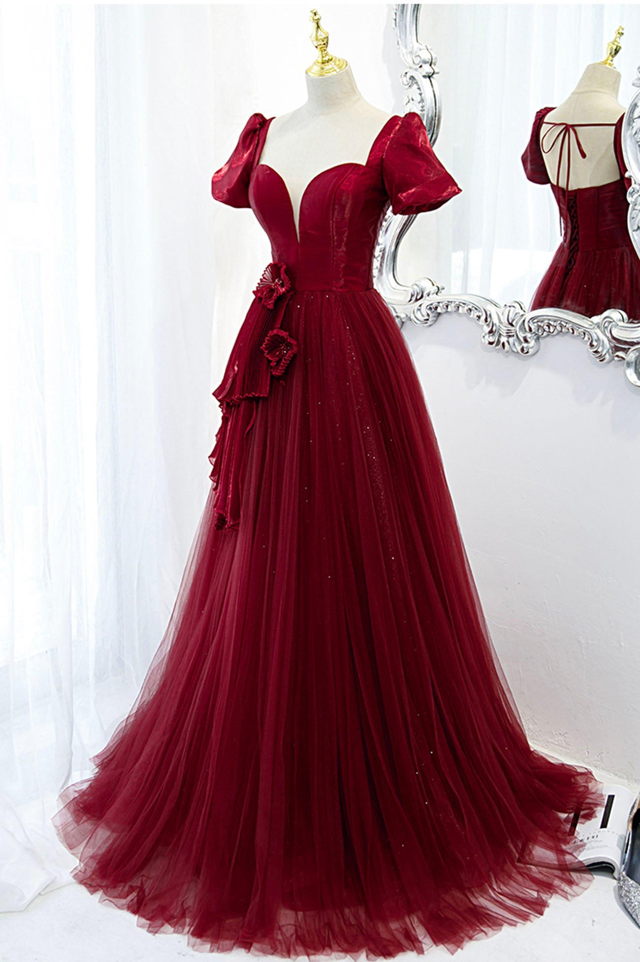 Burgundy satin tulle long prom dress evening dress 10598