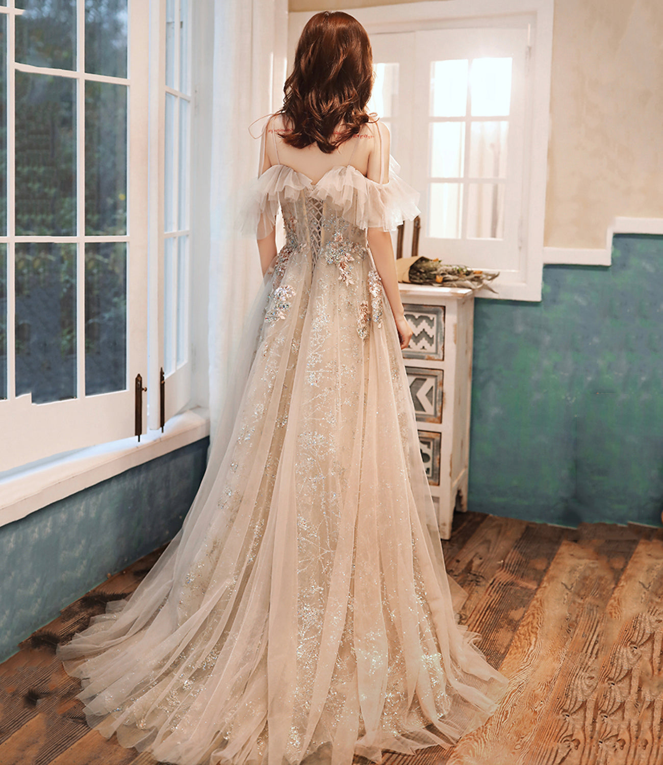 Champagne tulle sequins long prom dress evening dress 10390