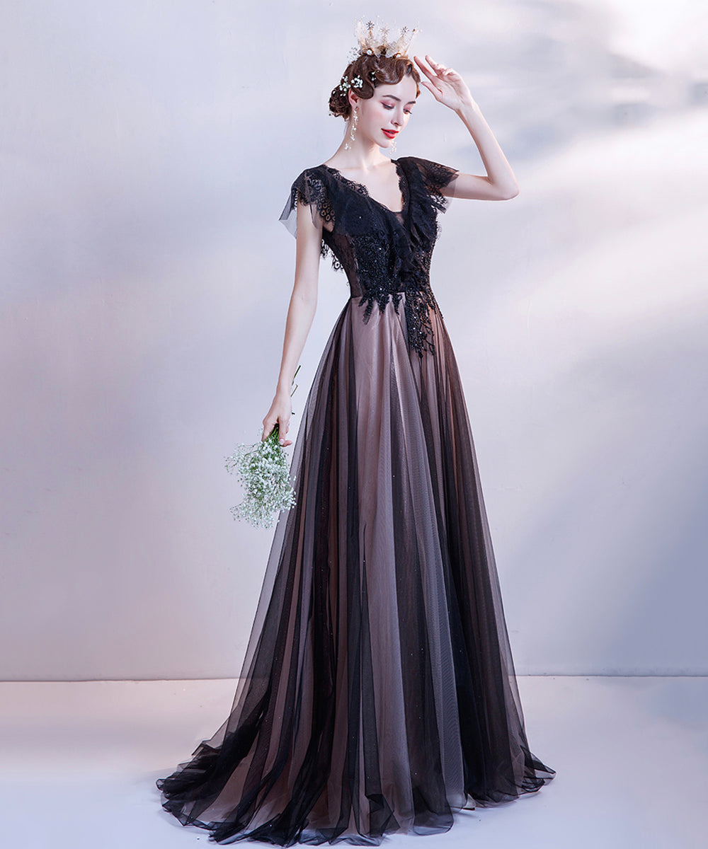Black v neck tulle long prom dress evening dress 8512