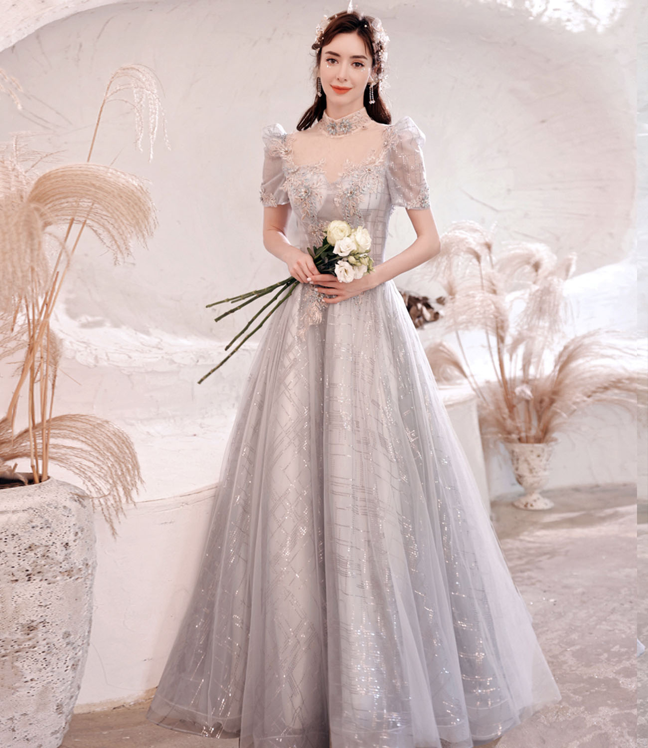 Gray tulle sequins long ball gown dress formal dress 10322