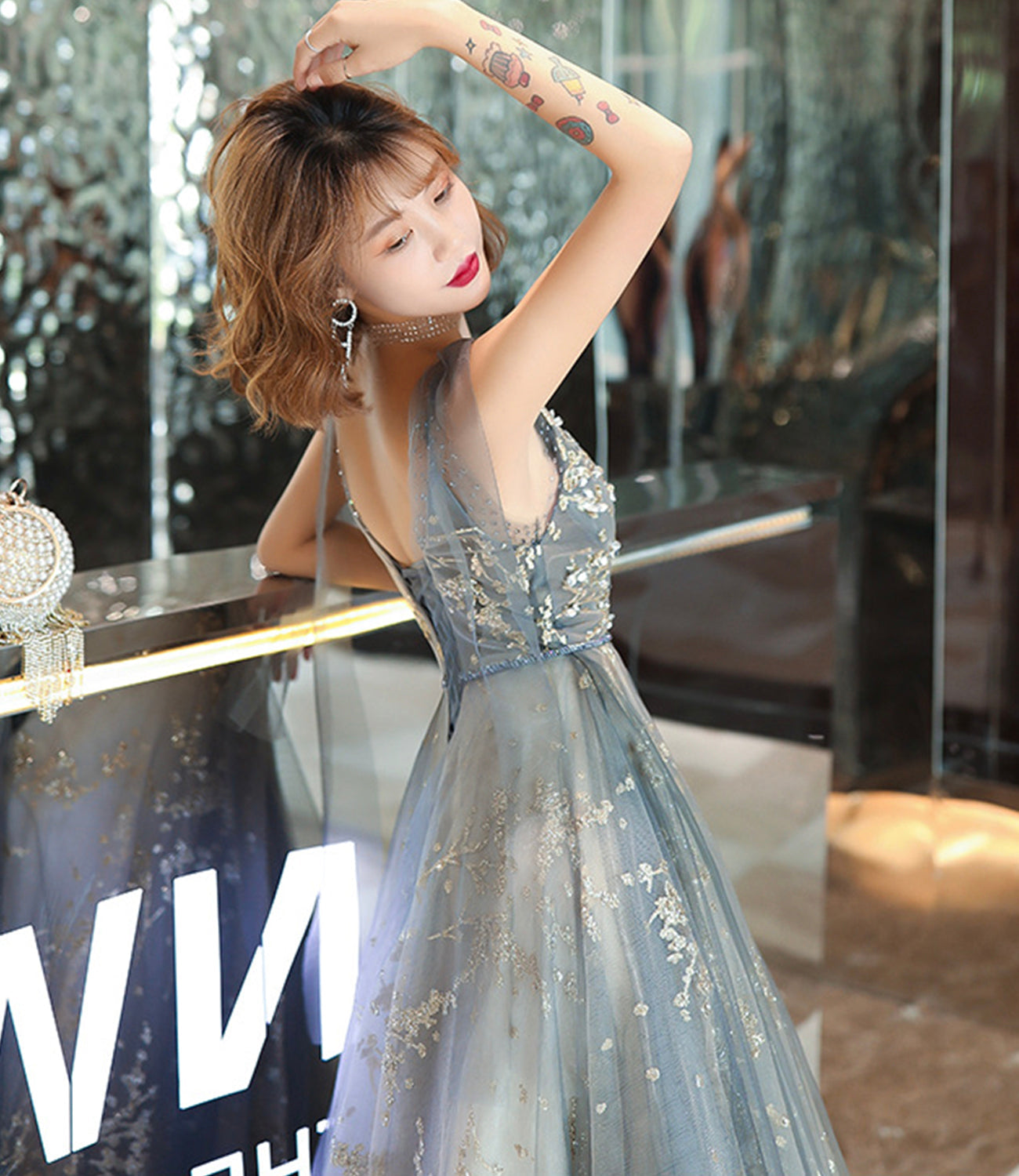 Gray tulle sequins long prom dress A line evening gown 10492
