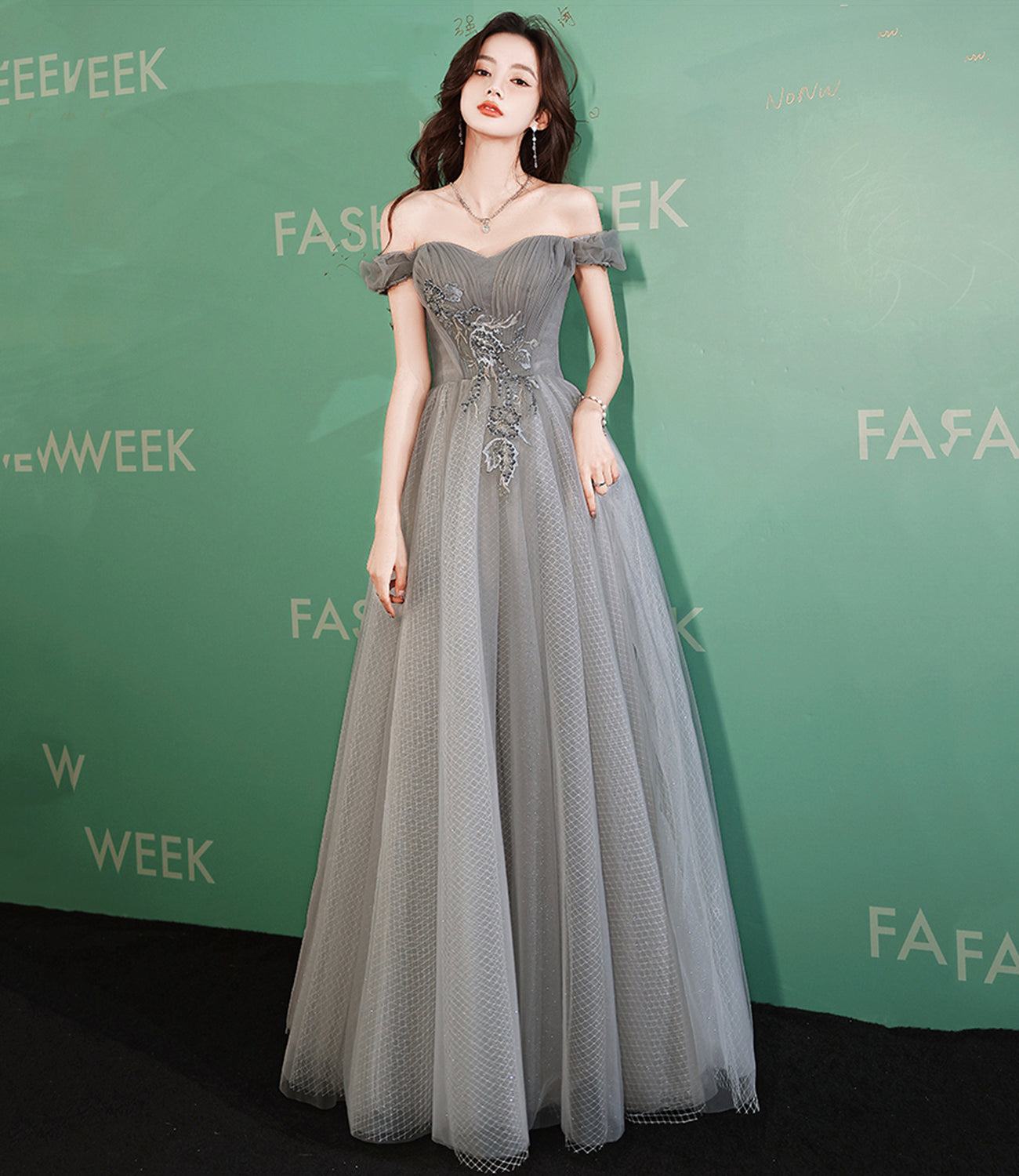 Gray tulle beads long prom dress gray evening dress 10521