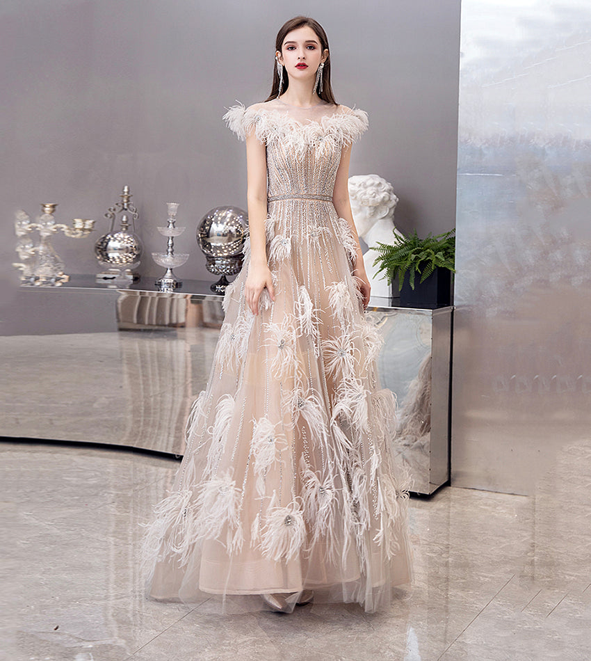 Unique tulle beads long prom dress evening dress 8524