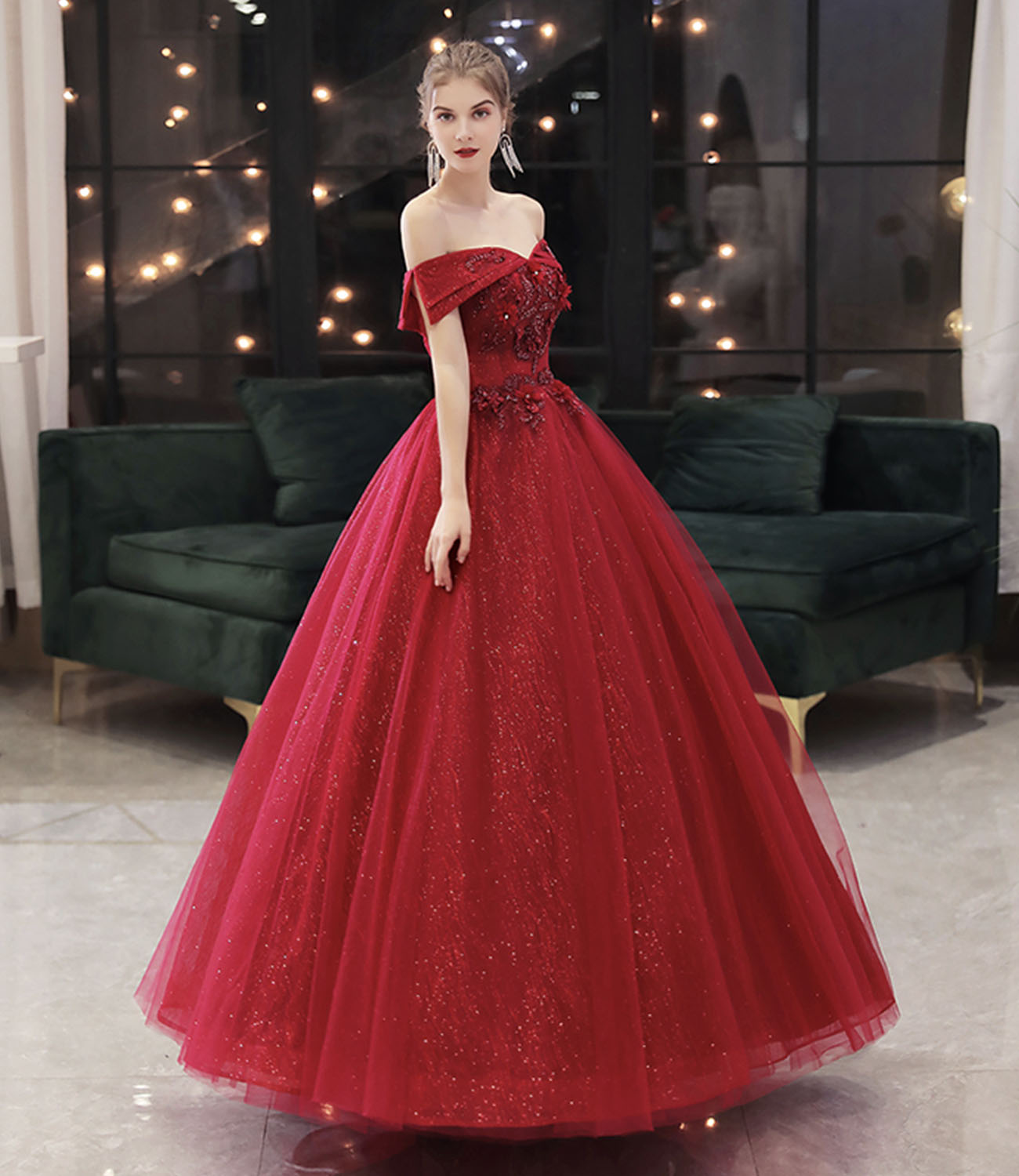 Burgundy tulle lace long prom dress A line evening gown 10323