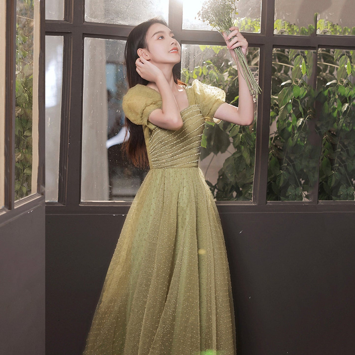 Green tulle beads long prom dress A line evening dress 8993