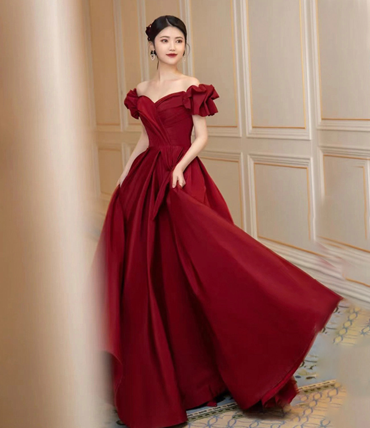 Burgundy satin long prom dress A line evening dress 10450
