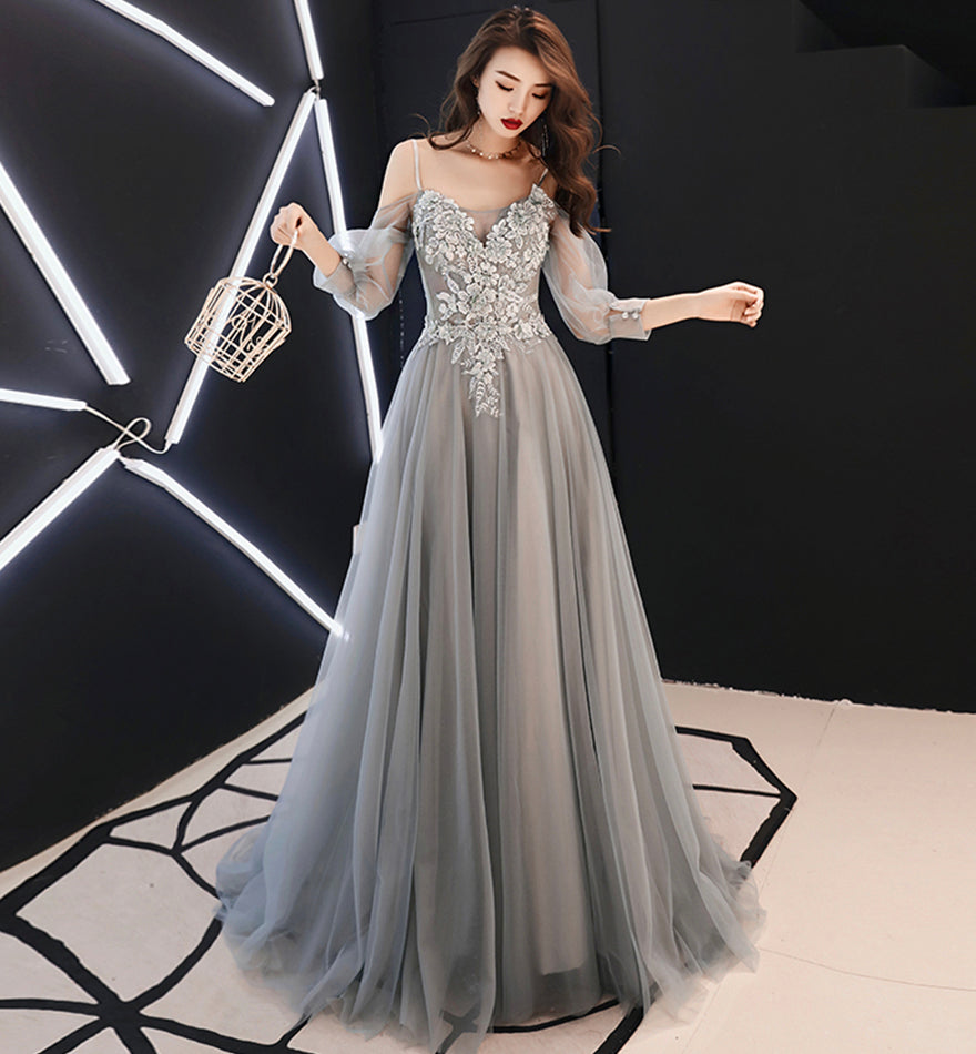 Gray tulle lace long A line prom dress evening dress 8477