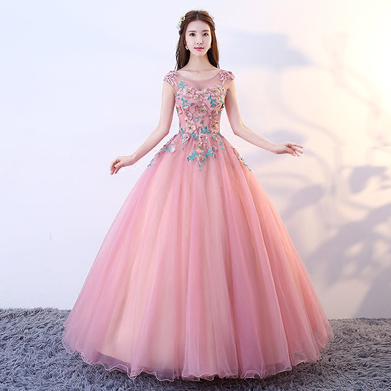 Pink tulle lace long ball gown dress formal dress 8765